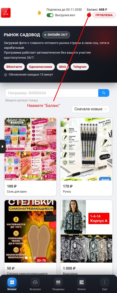 Баланс сверху в шапке сайта для перехода на страницу оплаты.